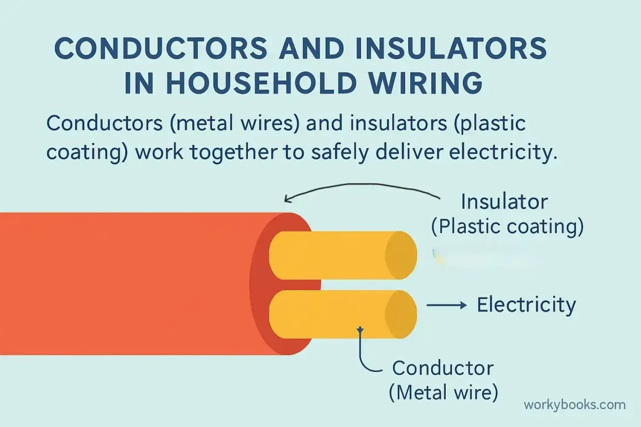 Przewodnik (metalowy drut) co przewodzi prąd, otoczony izolacją (plastikową osłoną), bezpiecznie dostarcza energię.