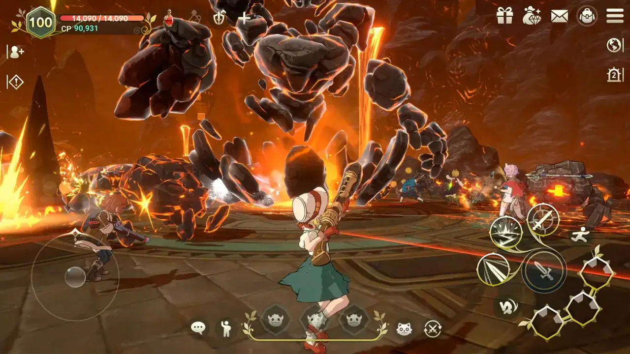 Personajes luchan contra un golem de roca en Ni no Kuni Cross Worlds.