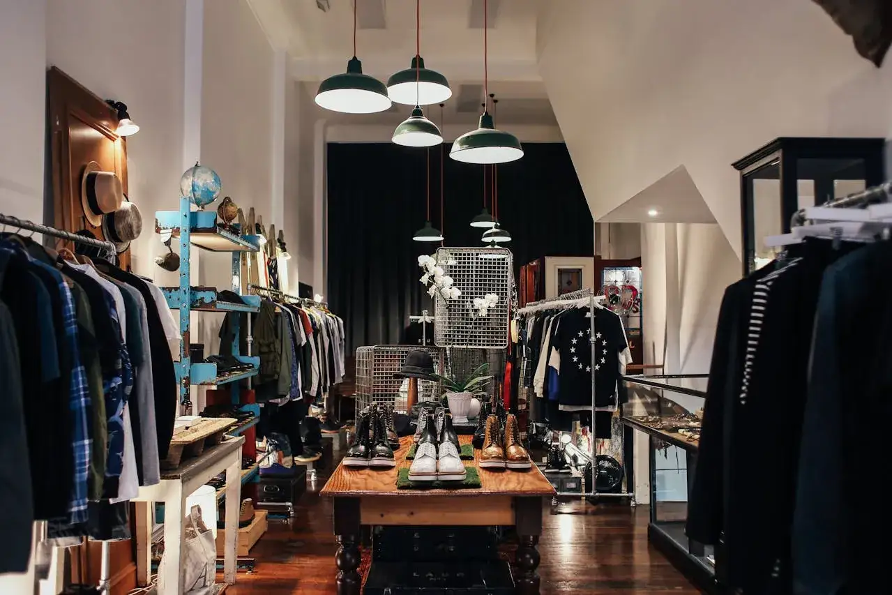 Interni di un negozio di abbigliamento con abiti appesi, cappelli, scarpe in mostra e luci a sospensione.
