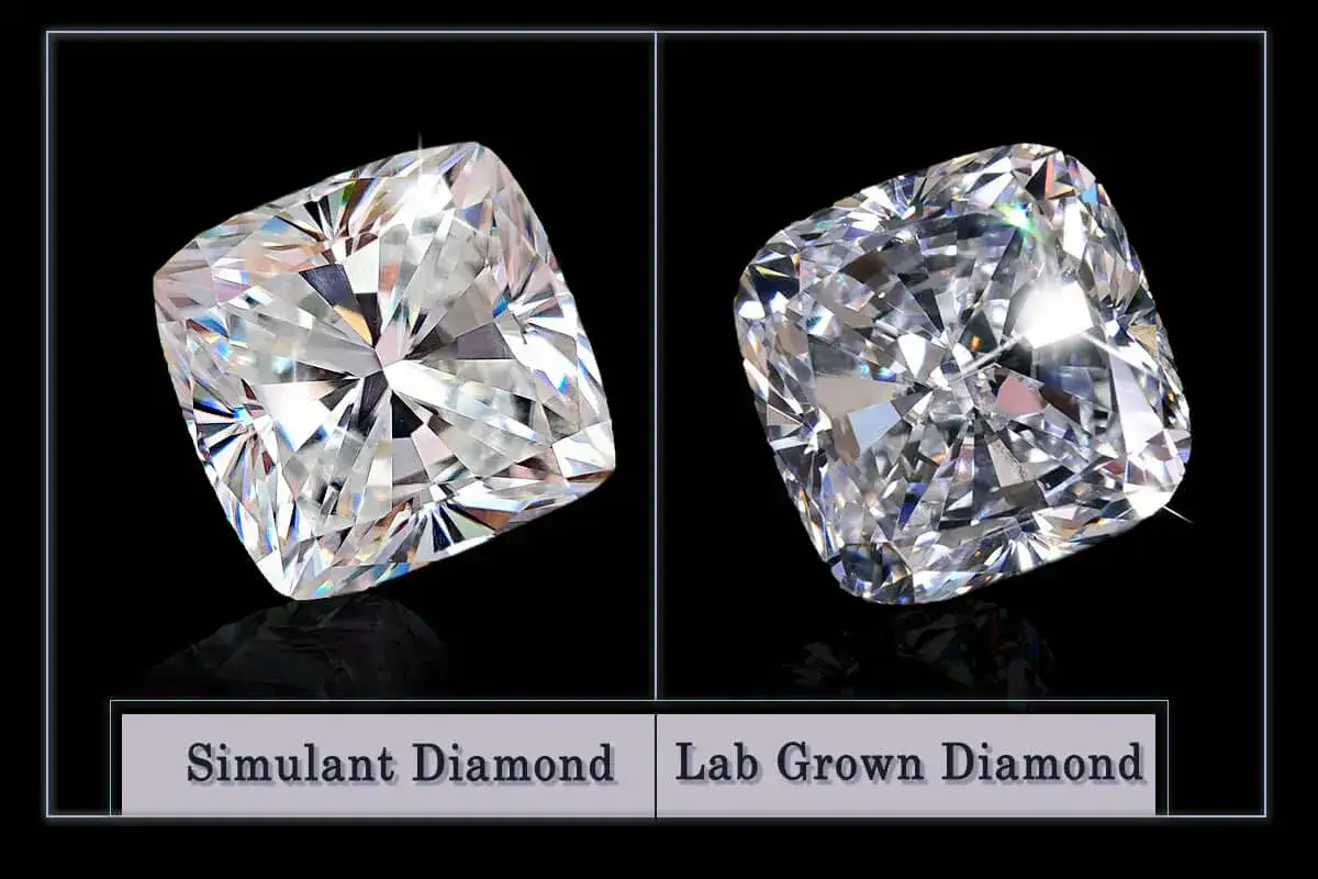 Side-by-side comparison of a simulant diamond and a lab-grown diamond, showcasing their brilliance and clarity.