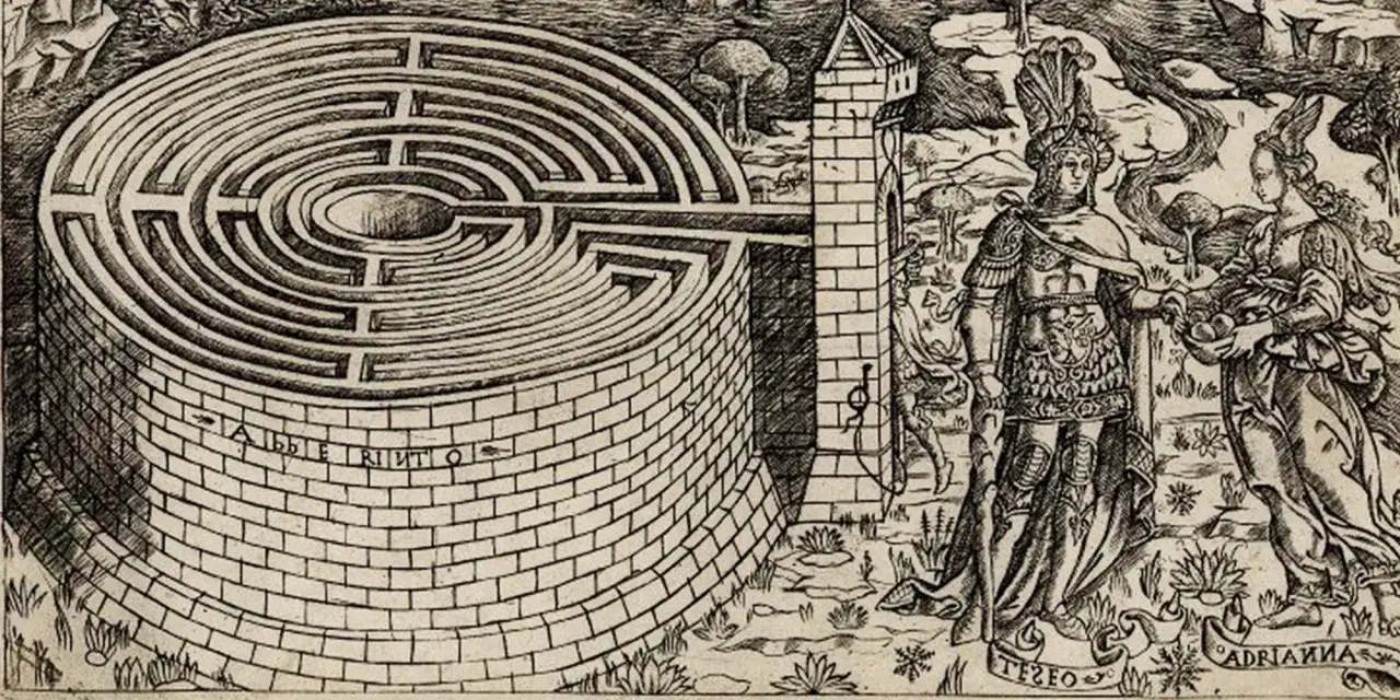 Gravure ancienne d'un labyrinthe circulaire, évoquant la mythologie grecque. Thésée et Ariane sont représentés, symbolisant leur histoire.