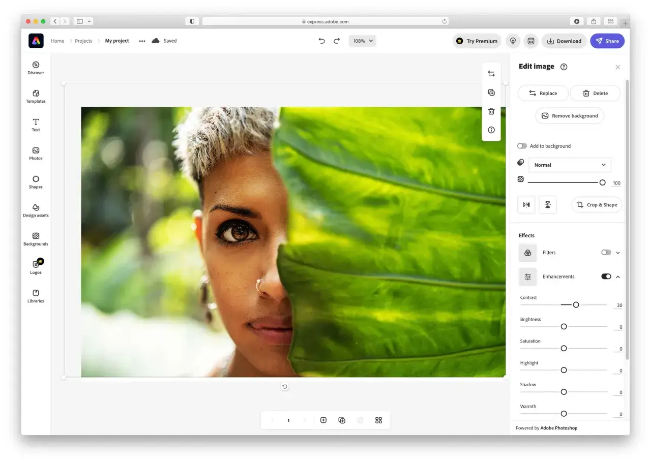 Interface d'édition d'image sur Mac, avec une photo de visage partiellement cachée par une feuille. Outils de retouche photo Mac gratuit disponibles.