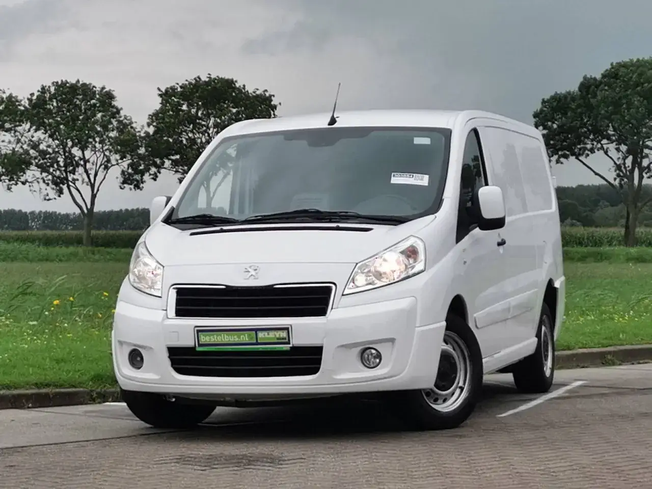 Biały Peugeot Expert 2.0 HDI zaparkowany na tle zieleni i drzew.