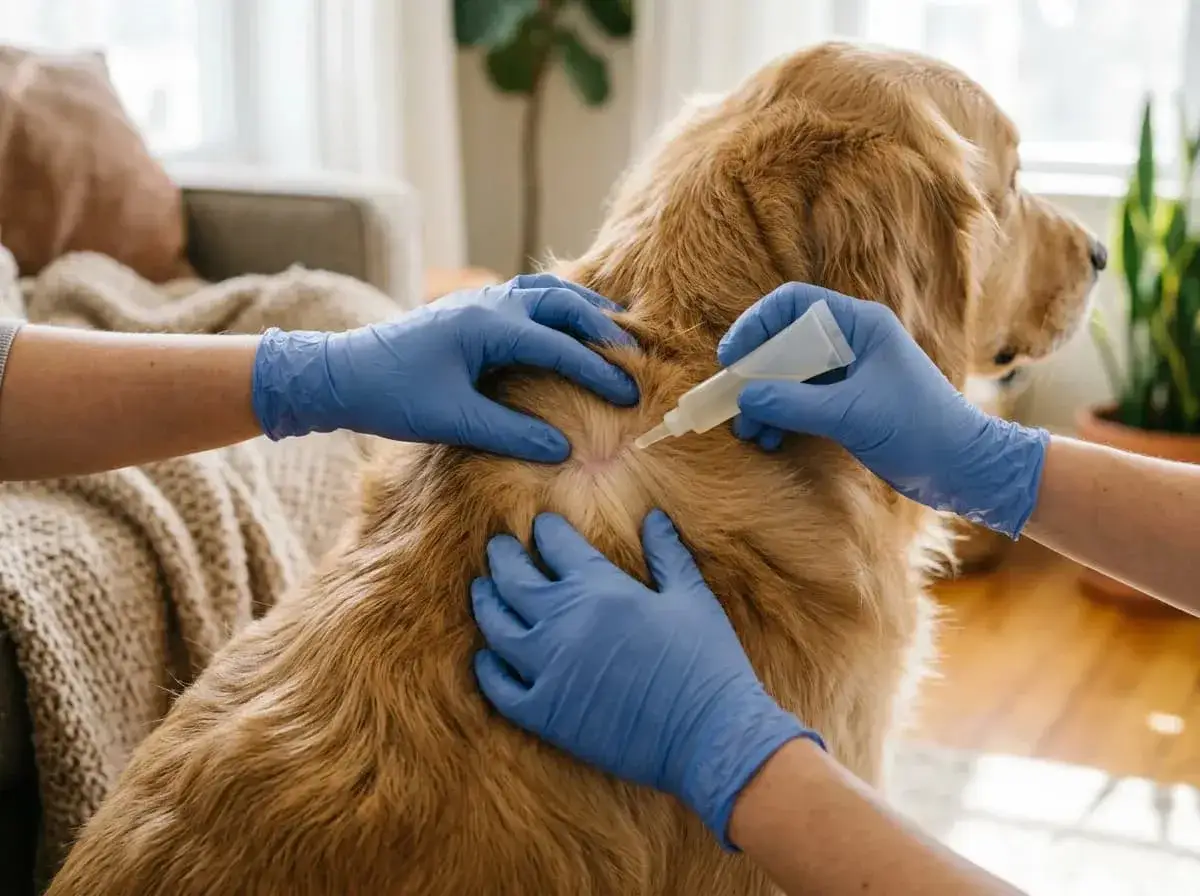 Manos con guantes azules aplican pipeta antiparasitaria a un golden retriever. ¡Ya puedo tocar a mi perro después de la pipeta!