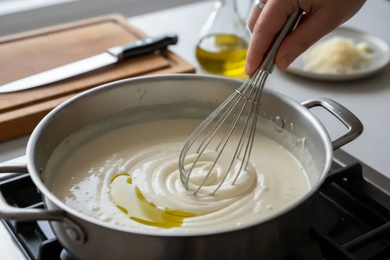Pr&eacute;paration d'une b&eacute;chamel sans beurre, une main fouette la sauce cr&eacute;meuse dans une casserole avec un filet d'huile d'olive.