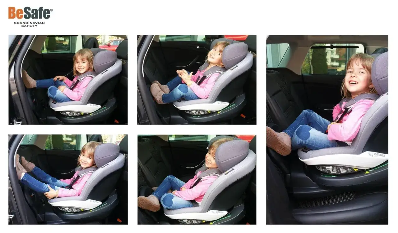 Gl&uuml;ckliche Kinder im Auto, sicher angeschnallt in einem BeSafe Kindersitz. Die verschiedenen Aufnahmen zeigen die einfache Handhabung und den Komfort f&uuml;r die Kleinen.