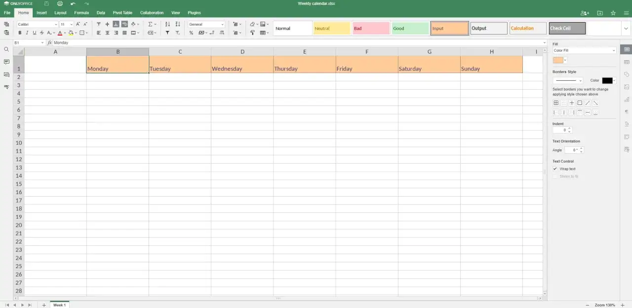 Foglio di calcolo con giorni della settimana evidenziati, utile per il conteggio mesi tra due date.