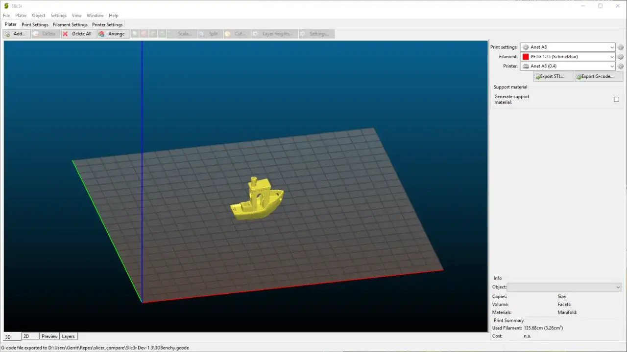 Ż&oacute;łty model ł&oacute;dki na siatce w programie **Anycubic slicer**. Widoczne ustawienia druku, filamentu i drukarki.