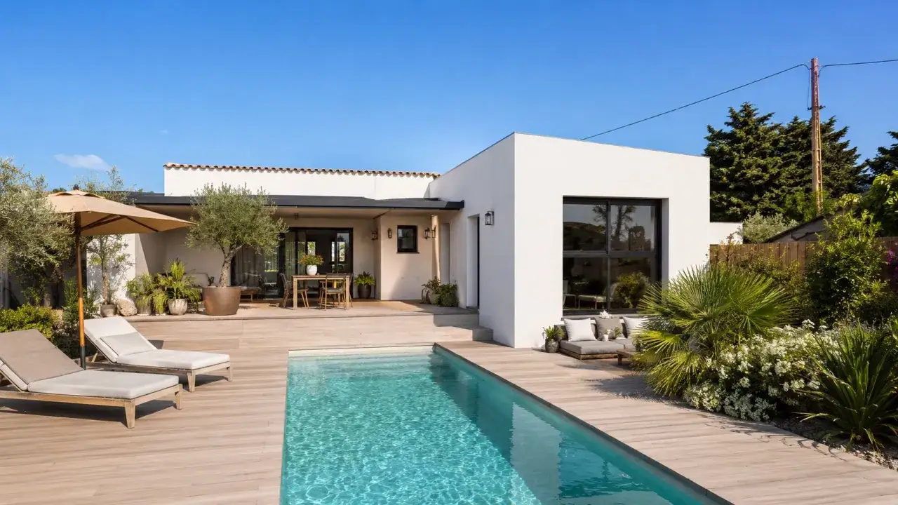 Belle maison moderne avec piscine, terrasse en bois et mobilier de jardin. La **réglementation piscine** est respectée pour un espace de détente sécurisé.