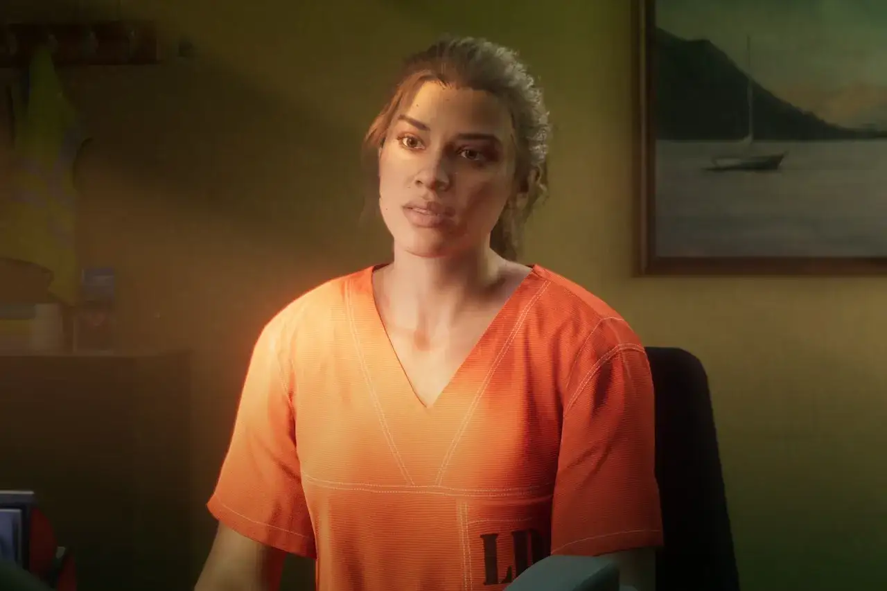 Lucia z GTA 6 w pomarańczowym stroju więziennym, zamyślona.