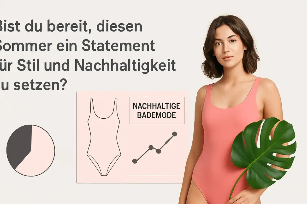 Frau im Korallen-Badeanzug hält Monstera-Blatt. Grafik zeigt steigende Trends für nachhaltige Bademode.