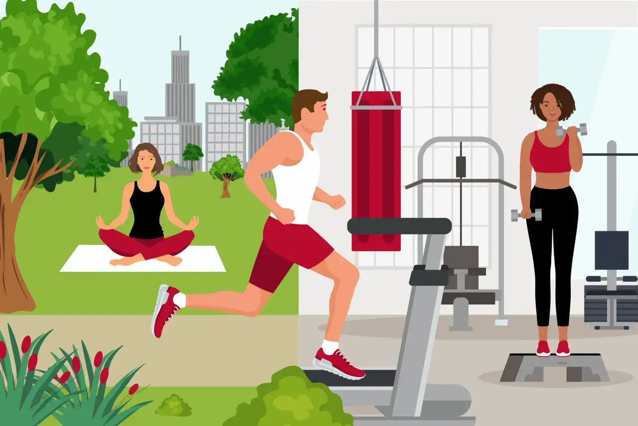 Une femme m&eacute;dite dans un parc, un homme court sur un tapis roulant et une femme soul&egrave;ve des halt&egrave;res dans une salle de sport. Tous profitent des bienfaits du sport.
