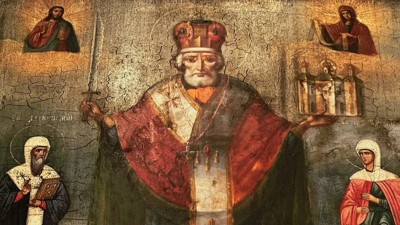 Ikona przedstawia św. Mikołaja w koronie, z mieczem i kościołem. Wokół niego postacie biblijne, jak w baśni o św. Mikołaju.