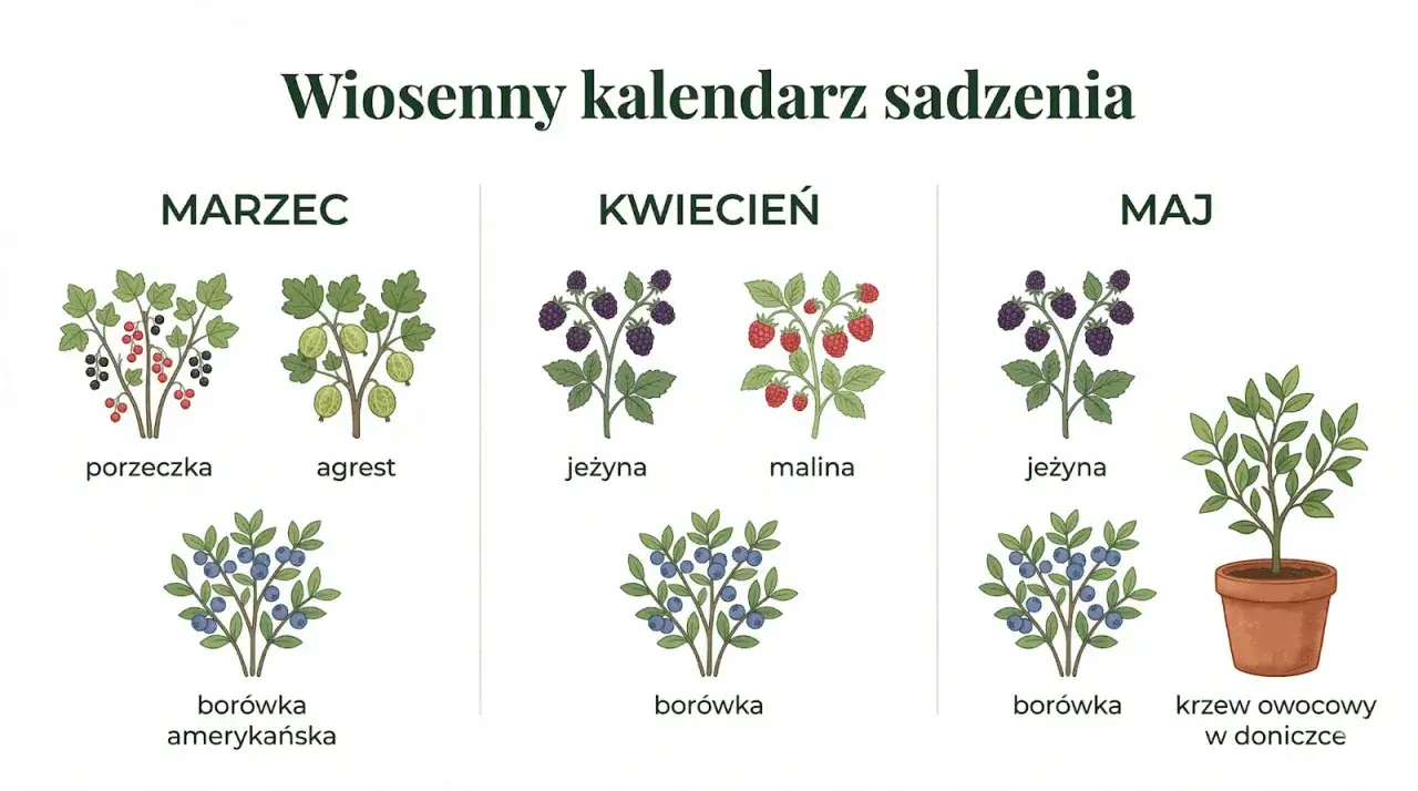 Wiosenny kalendarz ogrodnika: co kiedy sadzić. W marcu porzeczki i agrest, w kwietniu jeżyny, maliny i borówki, w maju jeżyny, borówki i krzewy owocowe w doniczkach.
