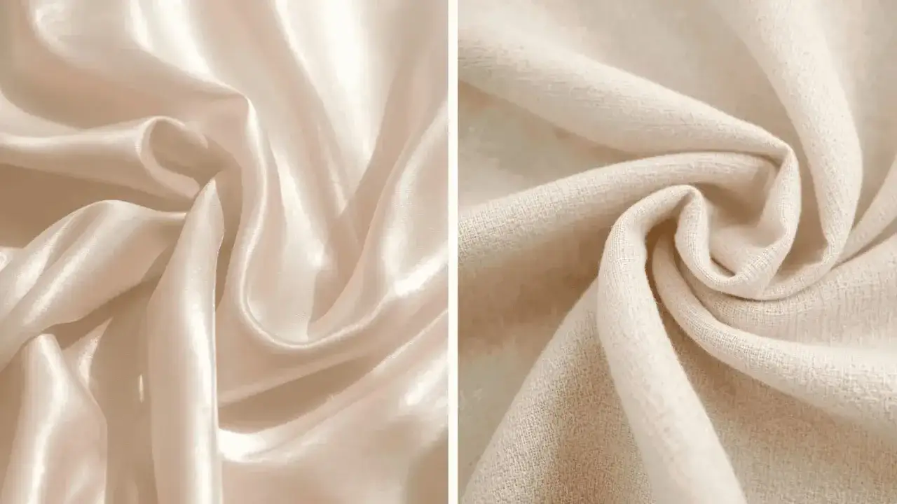 Two fabrics side-by-side: a smooth, lustrous cream fabric and a textured, matte cream fabric. Is rayon a good fabric? This image shows two distinct textures.