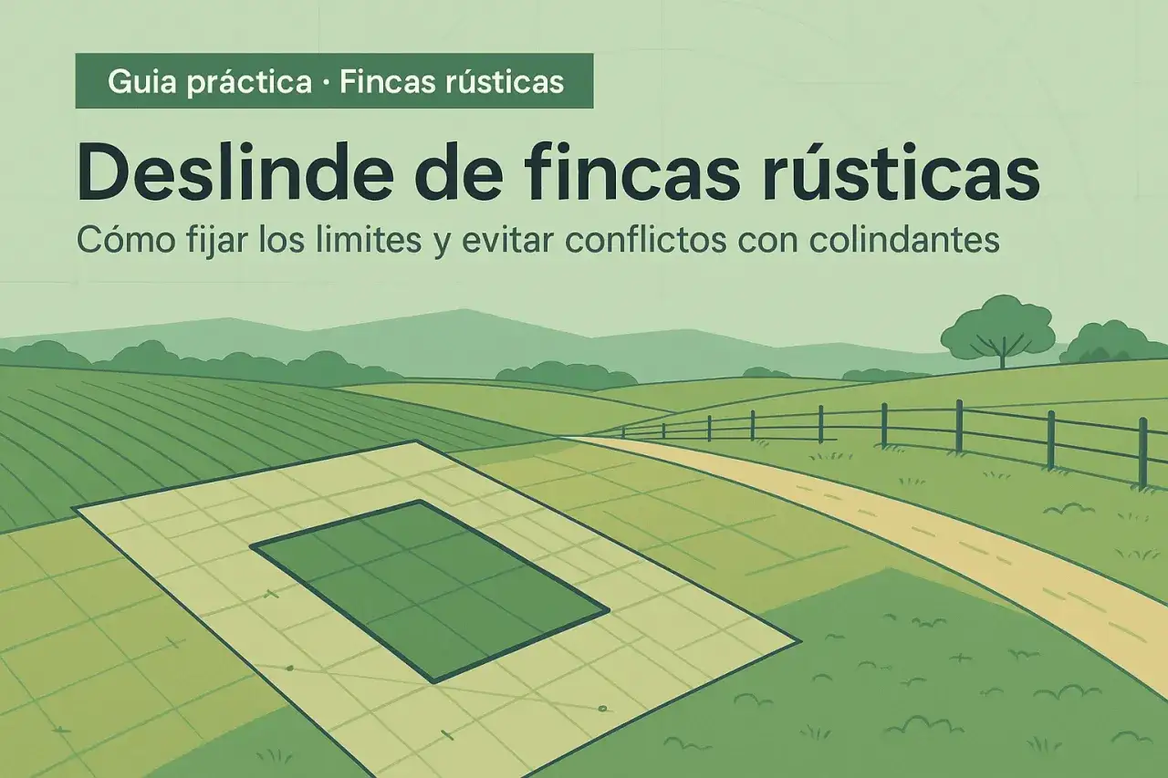Ilustraci&oacute;n de un paisaje rural con un plano de deslinde. Gu&iacute;a sobre la normativa de vallas entre vecinos para evitar conflictos.