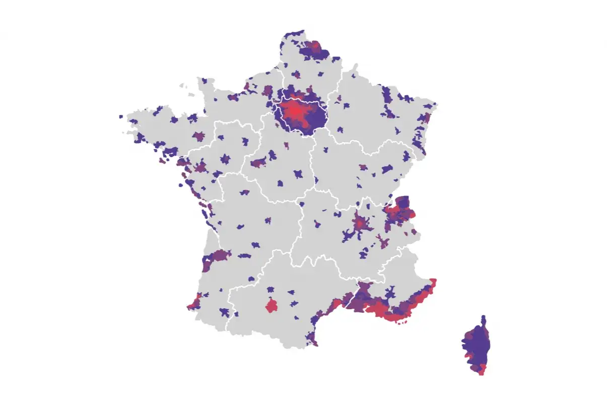 Carte de France montrant des zones colorées en rouge et violet, indiquant une zone ptz.
