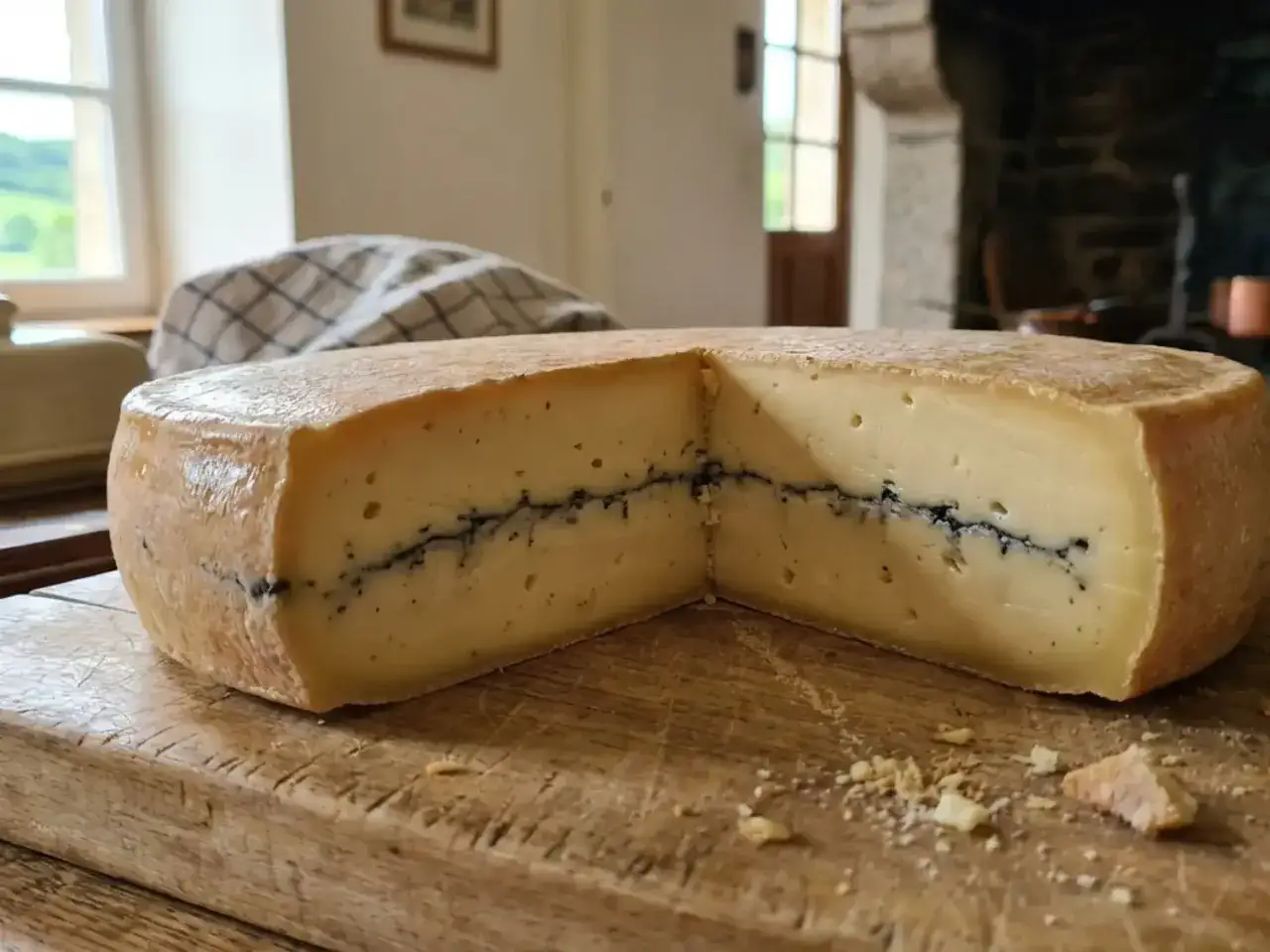 Un morbier fromage, coup&eacute; en deux, r&eacute;v&egrave;le sa raie cendr&eacute;e caract&eacute;ristique. Il repose sur une planche en bois rustique.