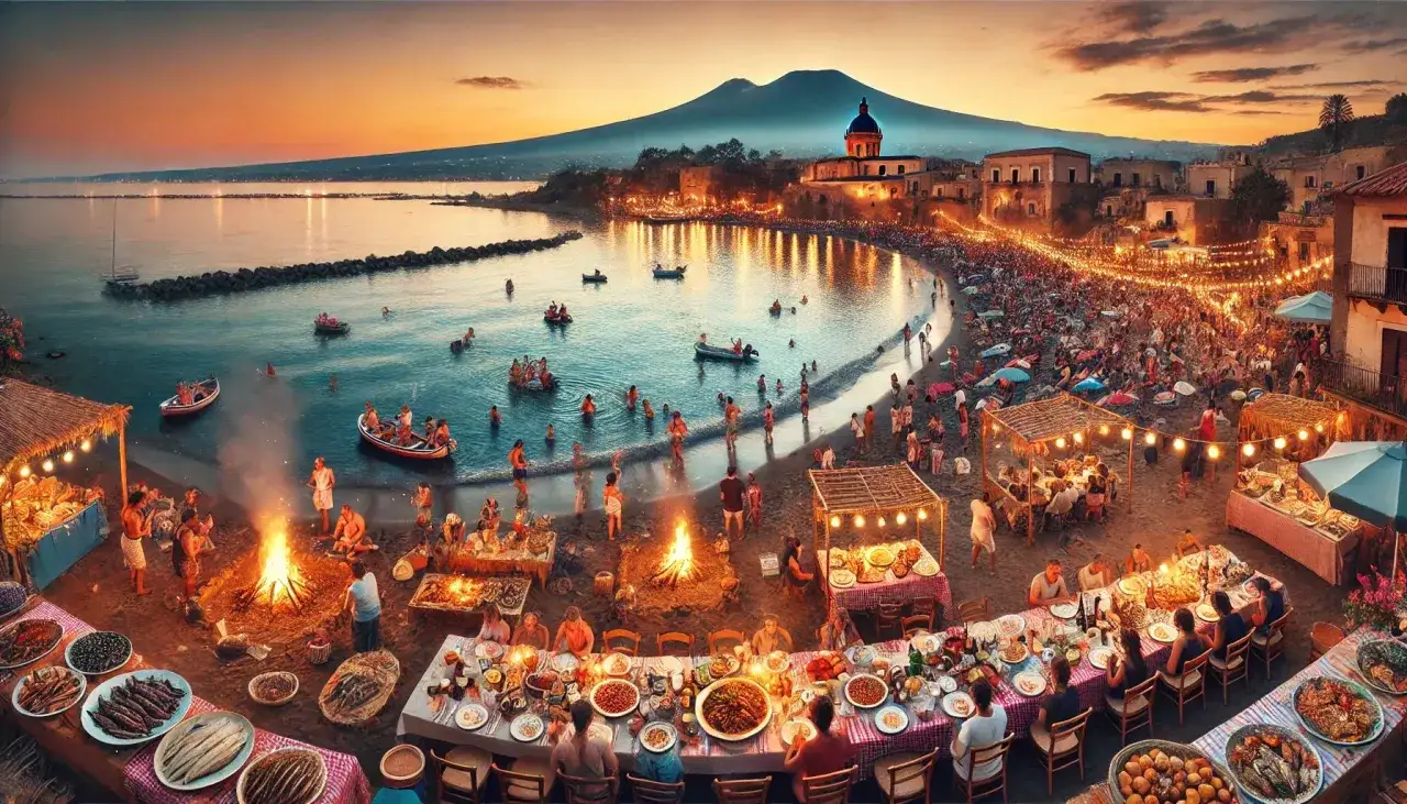 Festa di Ferragosto in Sicilia: gente in spiaggia, fal&ograve;, tavolate imbandite e musica sotto le luci. Un'esperienza indimenticabile!