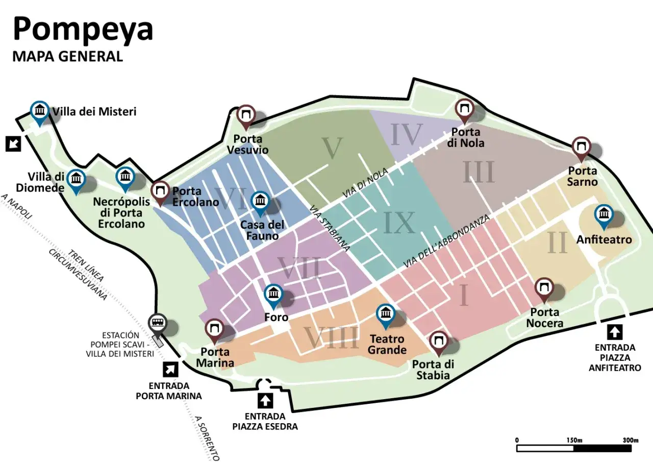 Mapa general de Pompeya, mostrando sus puertas, villas, necrópolis, el foro, el anfiteatro y el teatro grande. Aquí es donde está Pompeya.