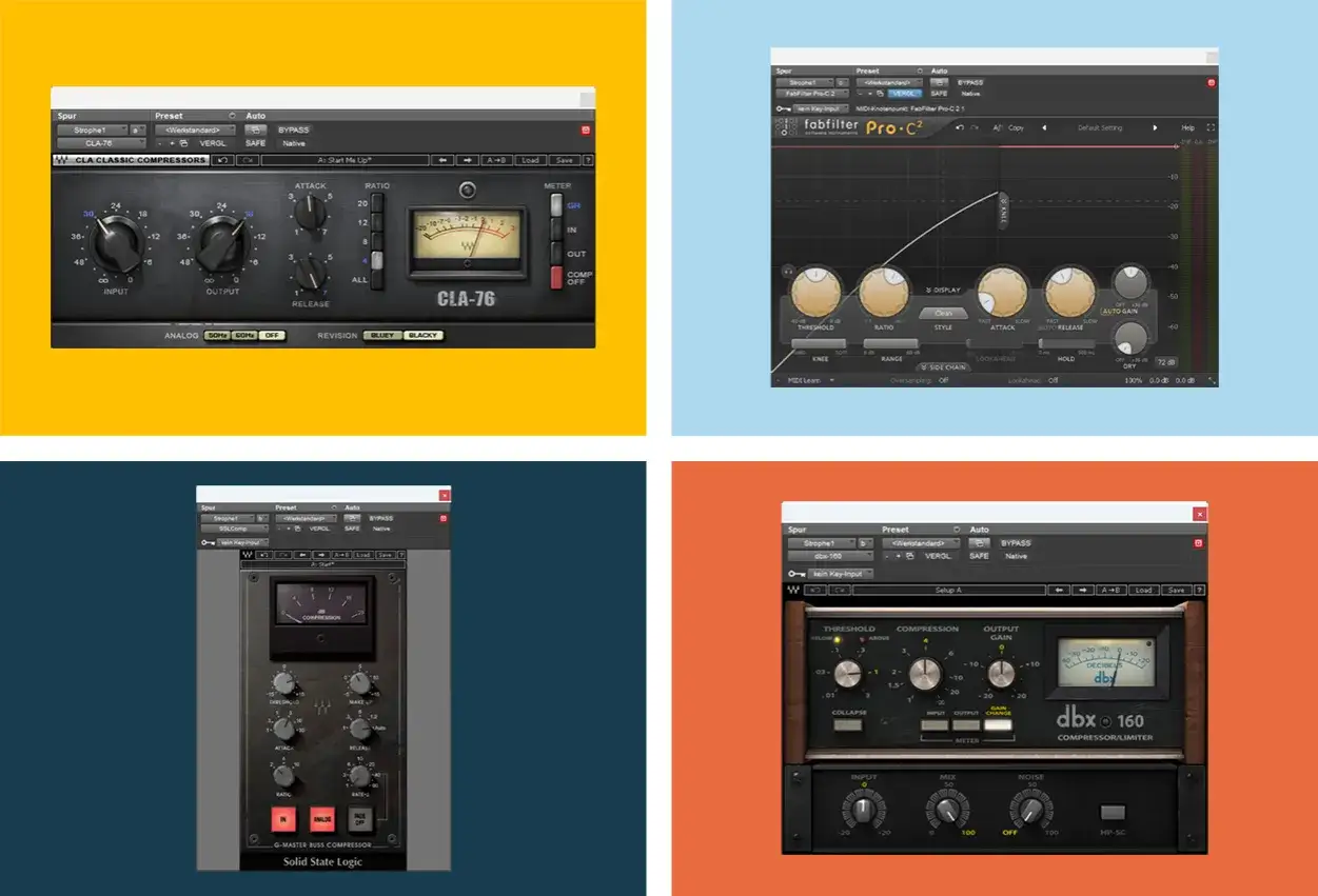 Quatre interfaces logicielles montrent comment utiliser un compresseur audio, avec des r&eacute;glages vari&eacute;s pour le son.