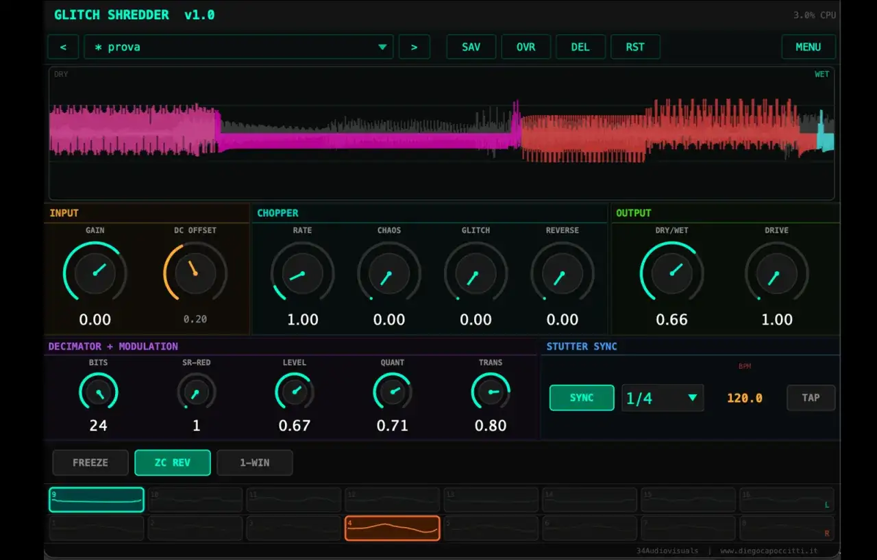 Interfejs wtyczki audio Glitch Shredder. Pokazuje kontrolki do manipulacji dźwiękiem, w tym parametry takie jak Rate, Chaos, Glitch i Reverse.