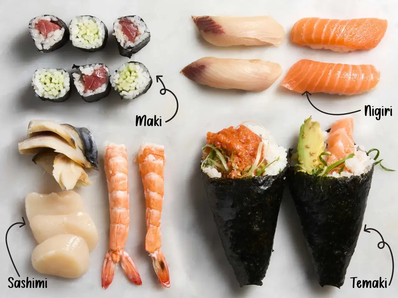 Różne rodzaje sushi: maki z tuńczykiem i ogórkiem, nigiri z łososiem, sashimi z rybą i krewetkami, temaki z awokado i łososiem.
