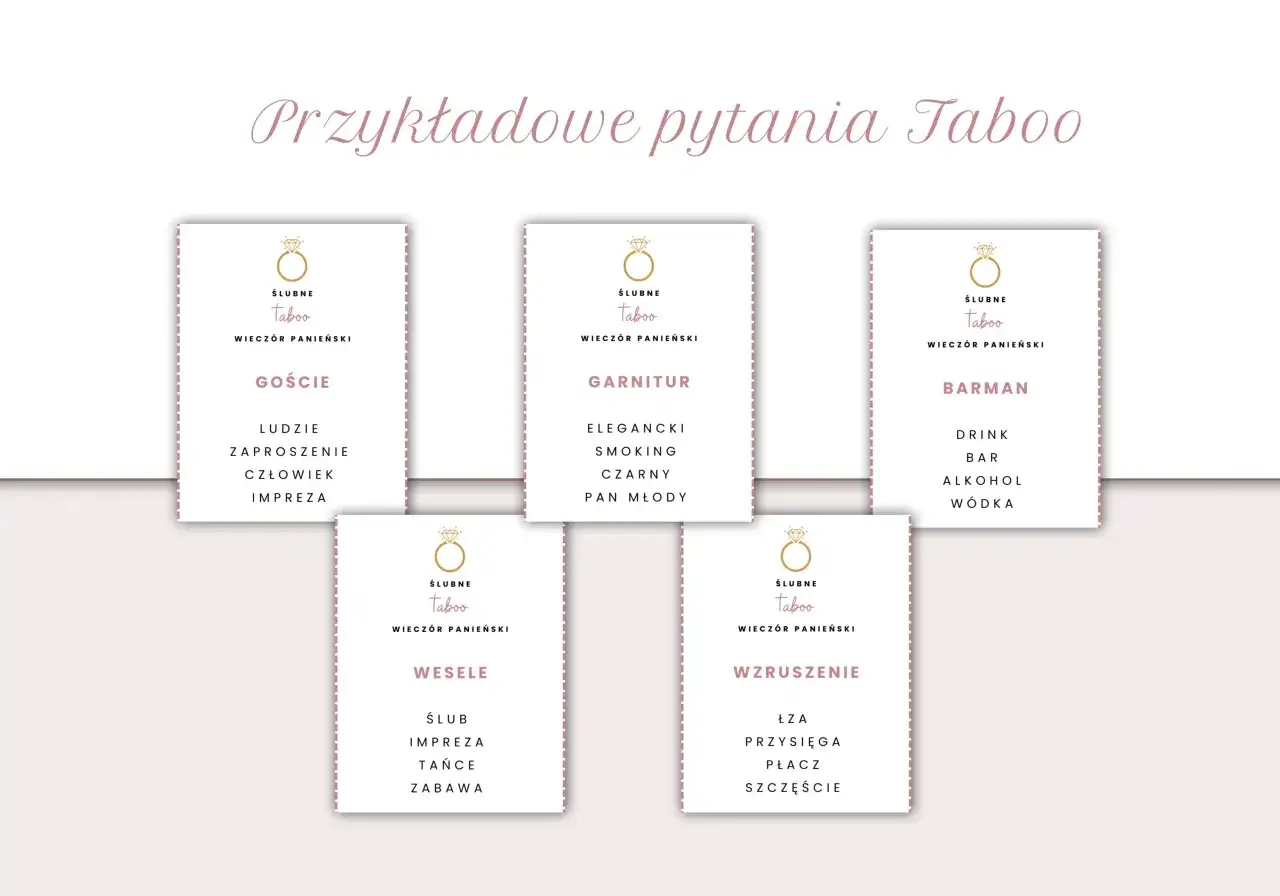 Karty z pytaniami do gry Taboo na wieczór panieński: Goście, Garnitur, Barman, Wesele, Wzruszenie.