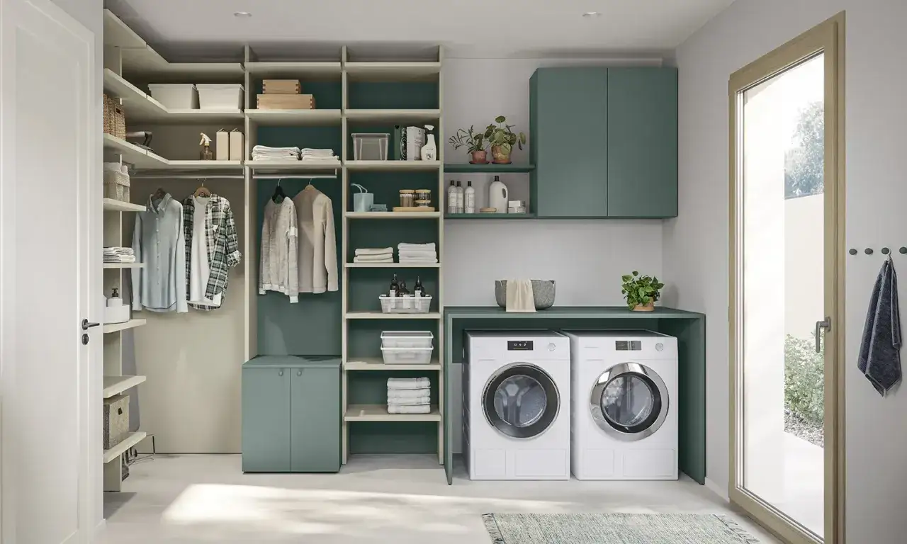 Un moderno progetto lavanderia stireria in casa con lavatrice, asciugatrice, armadi e scaffali per organizzare tutto.