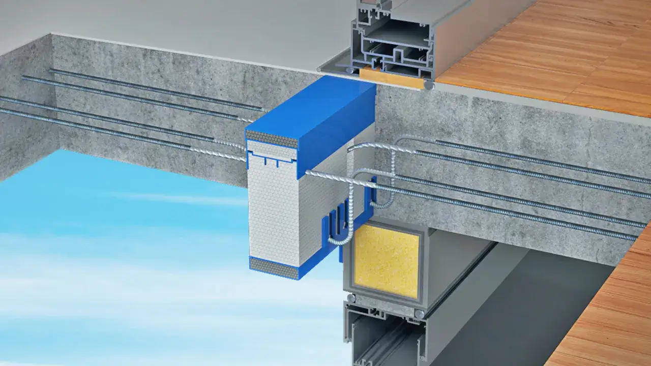 Détail d'un rupteur thermique en béton, avec des armatures métalliques traversant le matériau isolant pour assurer la continuité structurelle.