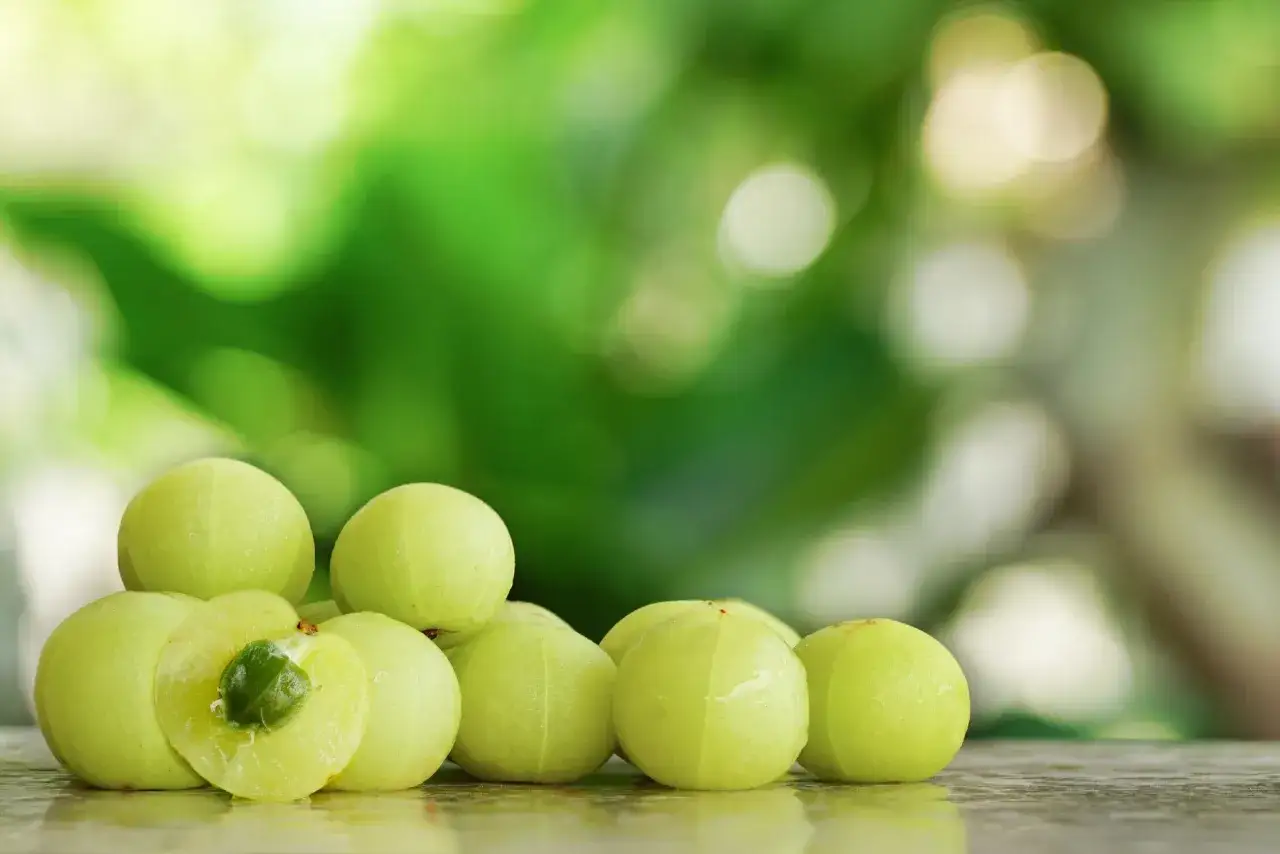 Frische Amla-Früchte, eine davon aufgeschnitten, zeigen ihre Kerne. Amla Wirkung Leber: Diese Früchte sind bekannt für ihre gesundheitlichen Vorteile.