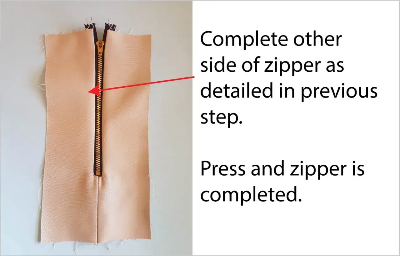 A tan fabric piece shows a partially sewn exposed zipper. A red arrow points to the zipper teeth, indicating the next step in completing the zipper.