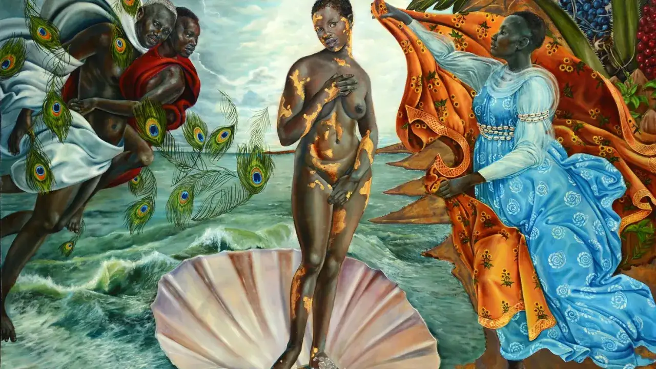 A modern renaissance art piece depicting Venus rising from the sea, adorned with gold leaf, surrounded by peacock feathers and figures in flowing robes.
