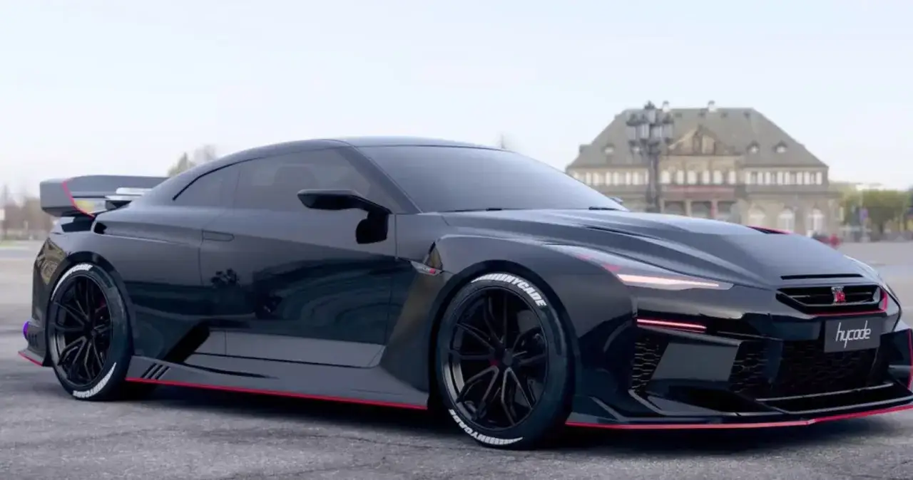 Czarny Nissan GT-R Nismo z czerwonymi akcentami i agresywnym spojrzeniem, gotowy do podboju toru.