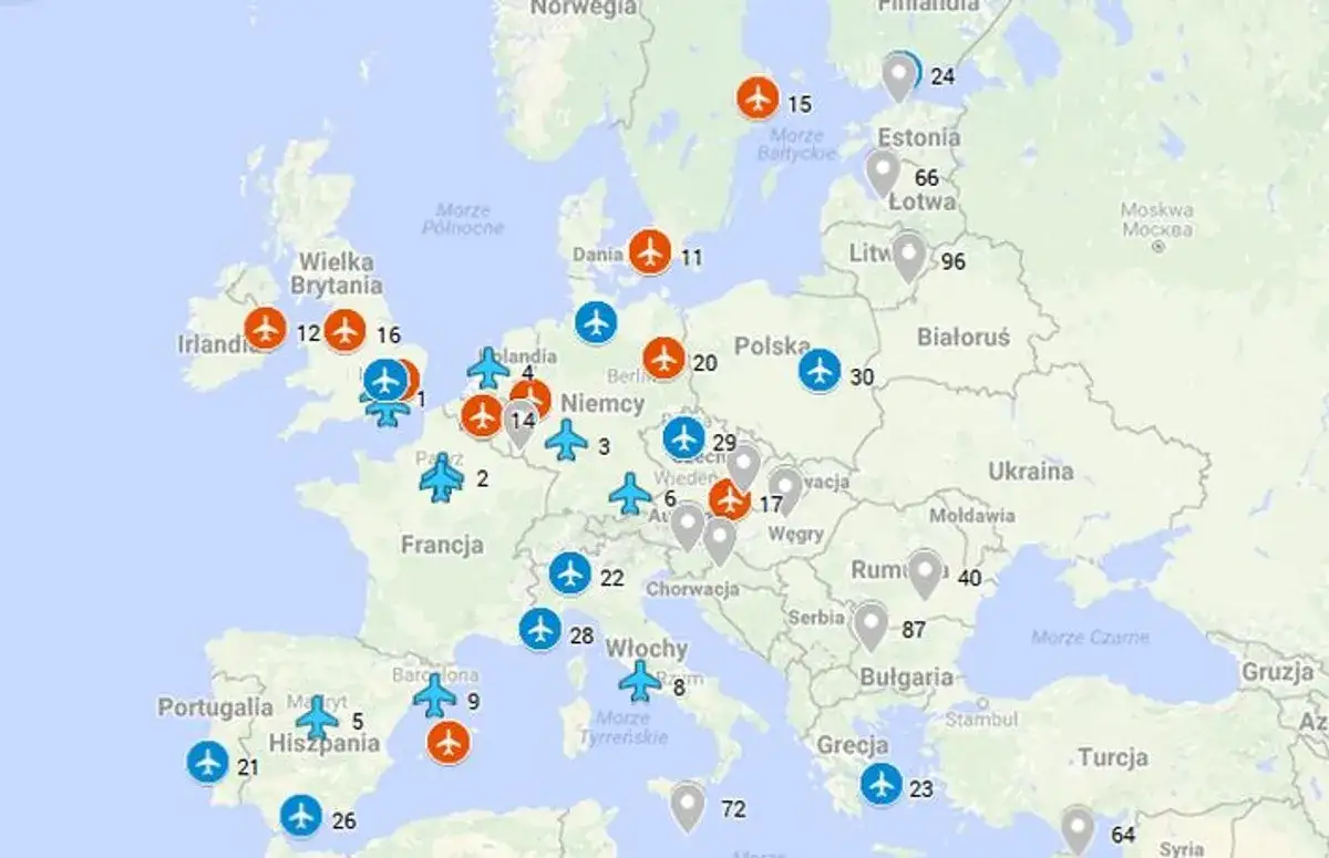 Mapa Europy z zaznaczonymi tanimi kierunkami lotniczymi z Polski