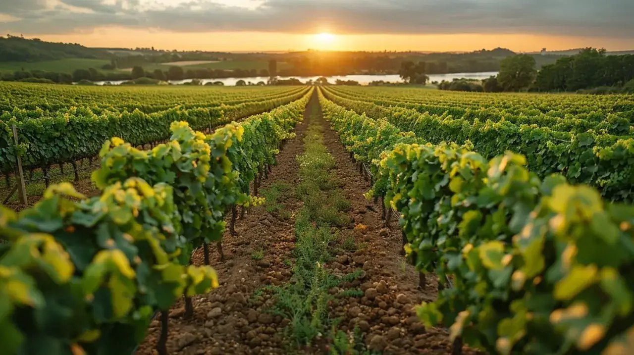 Vignes de chenin de Loire au coucher du soleil, avec une rivi&egrave;re et des collines en arri&egrave;re-plan.
