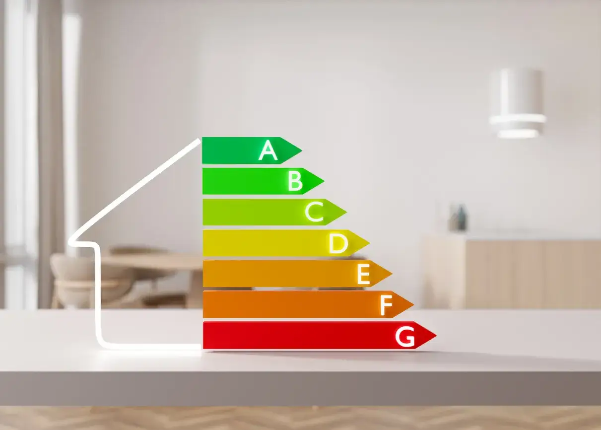 Gr&aacute;fico de eficiencia energ&eacute;tica con flechas de colores (A-G) junto a un contorno de casa. Ideal para ilustrar el rendimiento de ventanas passivhaus.
