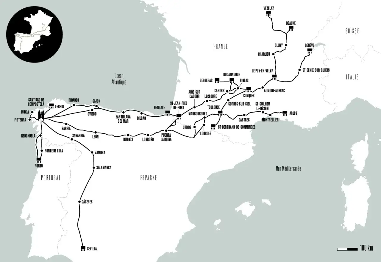 Carte des **étapes du Camino de Santiago** en France et en Espagne, montrant les différentes routes menant à Saint-Jacques-de-Compostelle.