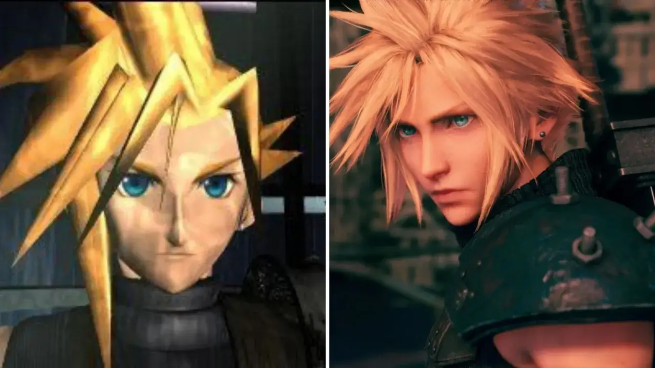 Porównanie postaci Clouda z Final Fantasy VII: oryginalna grafika z 1997 roku i jej remaster a remake w wersji z 2020.