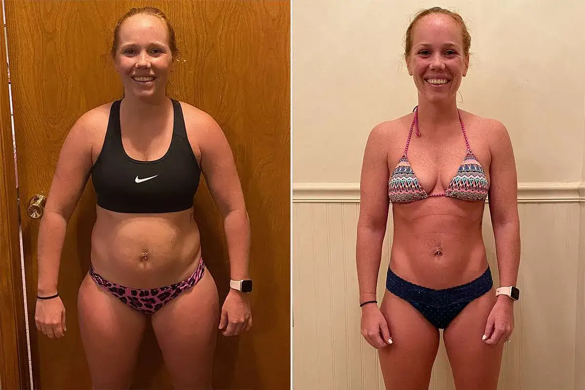 Woman's fitness journey: before and after, showcasing results from consistent training, possibly including assault bike workouts.