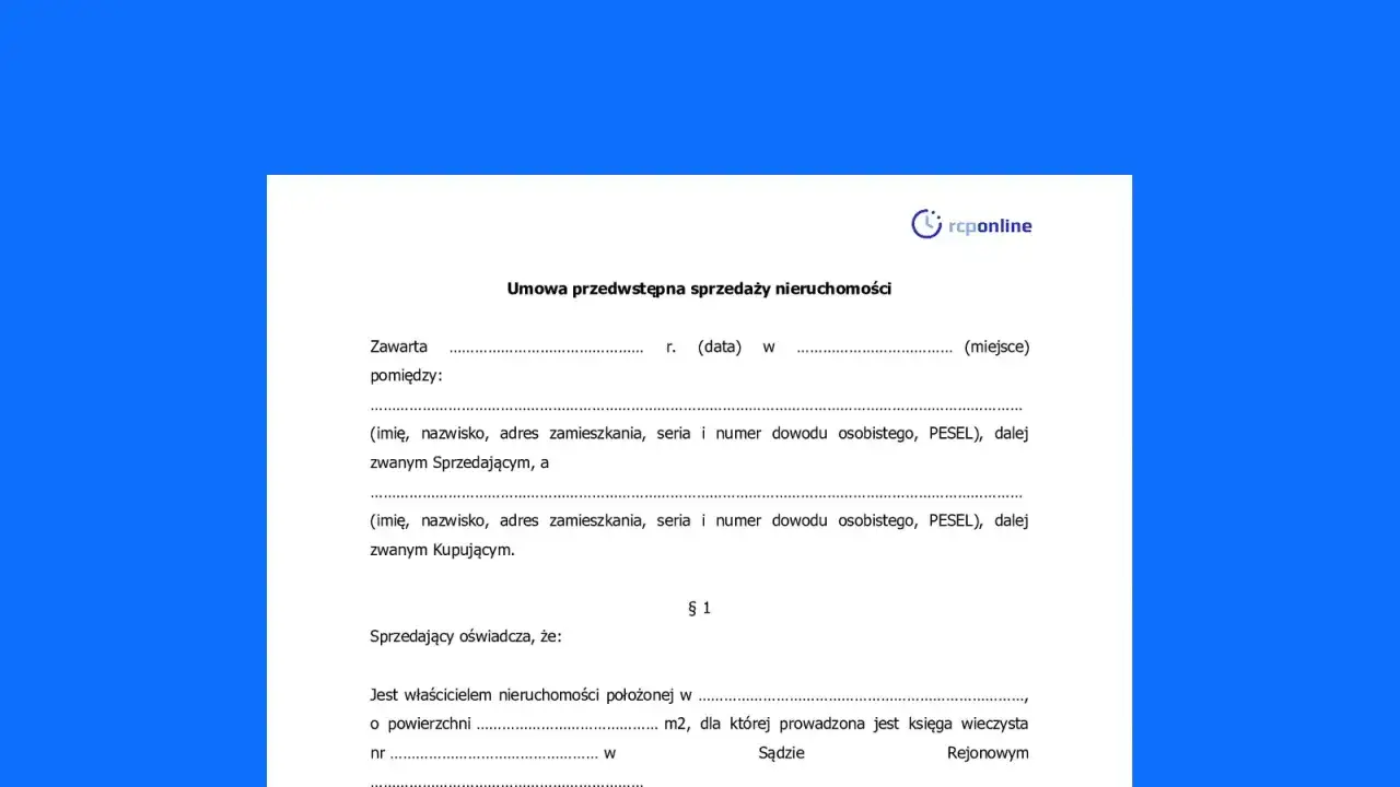 Umowa przedwstępna sprzedaży nieruchomości zawiera dane sprzedającego i kupującego, a także informacje o nieruchomości.