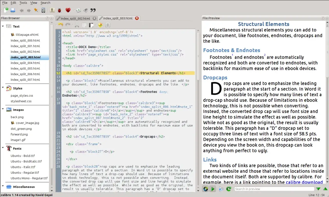 Interface de calibre montrant le code HTML d'un livre électronique avec des éléments structuraux comme les notes de bas de page et les dropcaps.