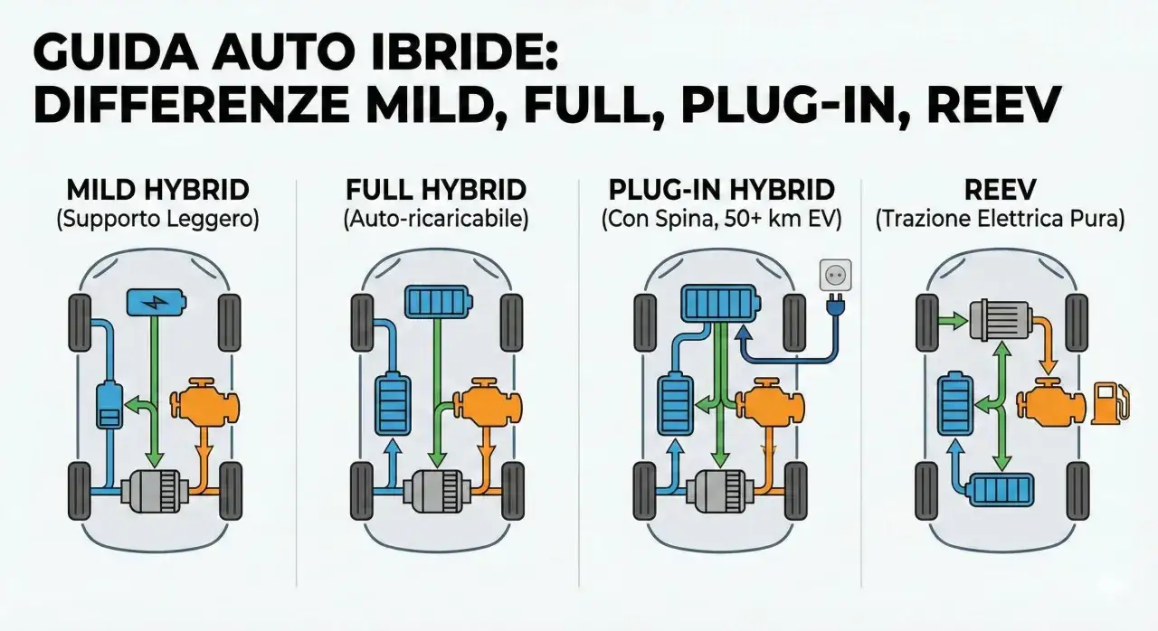Schema illustra le differenze tra auto ibrida mild, full, plug-in e REEV, con vantaggi e svantaggi impliciti nei sistemi.