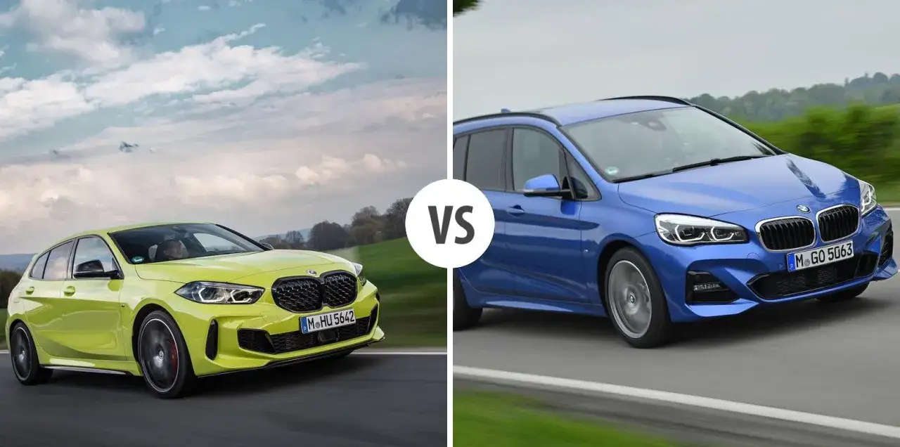 Dwa BMW hatchbacki: jeden żółty sportowy, drugi niebieski rodzinny, jadące po drodze.