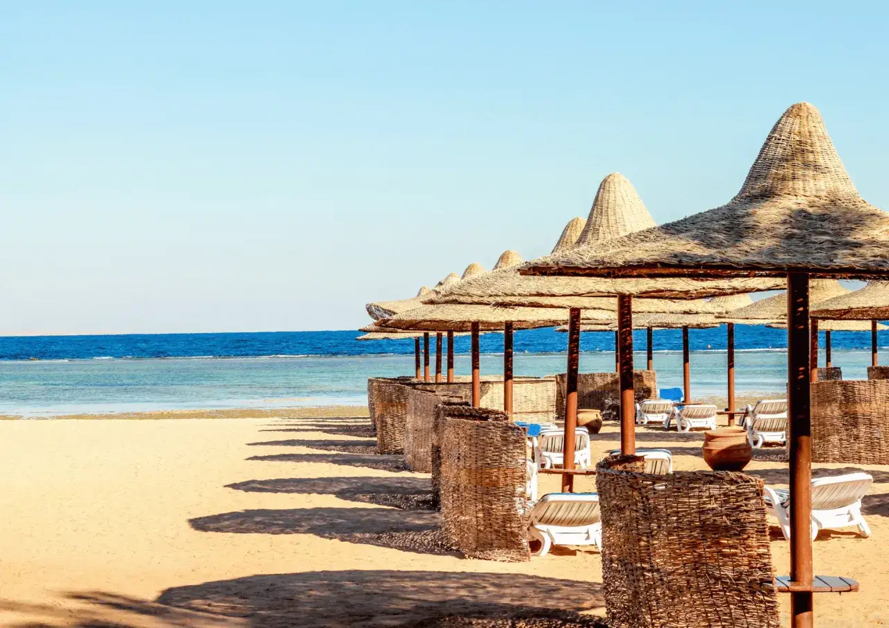 Egipt, pogoda w marcu idealna na plażowanie. Słoneczny dzień, pusta plaża z leżakami i parasolami z trzciny, turkusowe morze.
