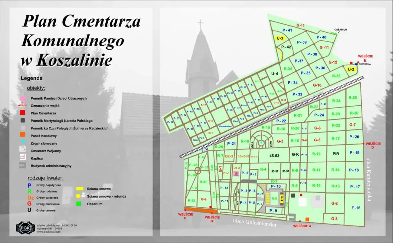 Plan cmentarza w Koszalinie z legendą i oznaczeniami kwater. Pomaga znaleźć miejsce pochówku osoby.