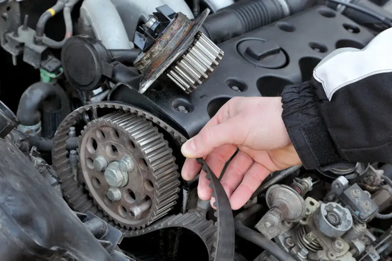 Mano reemplaza la correa de distribución de un motor, una pieza clave que se cambia con el tiempo para mantener el coche funcionando.