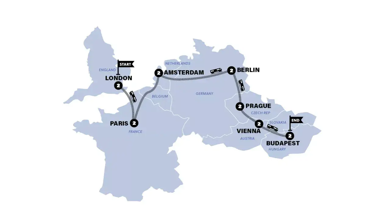 Trasa pociągiem przez Europę: Londyn, Paryż, Amsterdam, Berlin, Praga, Wiedeń, a na końcu podróży Polska i Budapeszt.