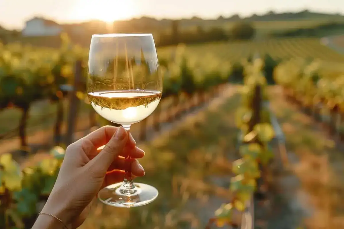 Un calice di vino bianco, tra i migliori vini bianchi italiani, riflette il sole al tramonto in un vigneto.