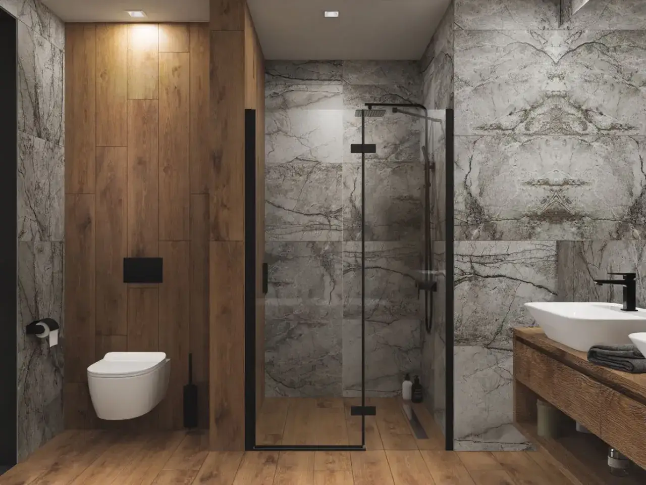 Nowoczesna łazienka inspiracje: drewno, kamień i szkło tworzą elegancką przestrzeń z prysznicem walk-in i wiszącą misą WC.